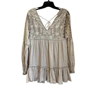 Free People Much Love Embroidered Beige Tunic Mini Dress Size Small